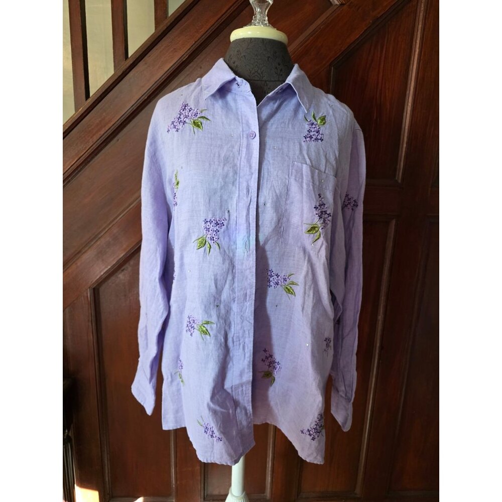 Quacker Factory Lavender Lilac Embroidered Button-Up Shirt W/ Floral Design Larg